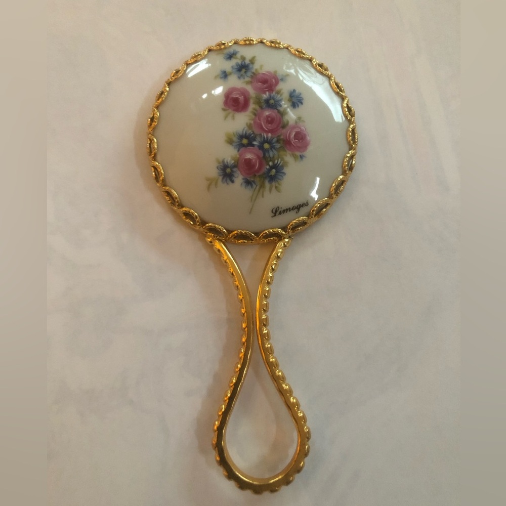 New-Vintage 5" Limoges France Signed Hand Held Pocket Mirror
